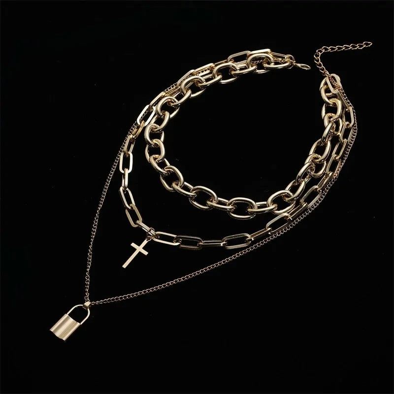 Cross, Lock & Chain Layered Necklace