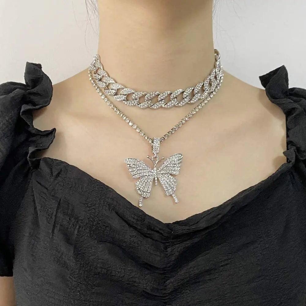 Layered Butterfly & Chain Necklace