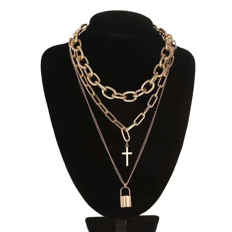 Cross, Lock & Chain Layered Necklace