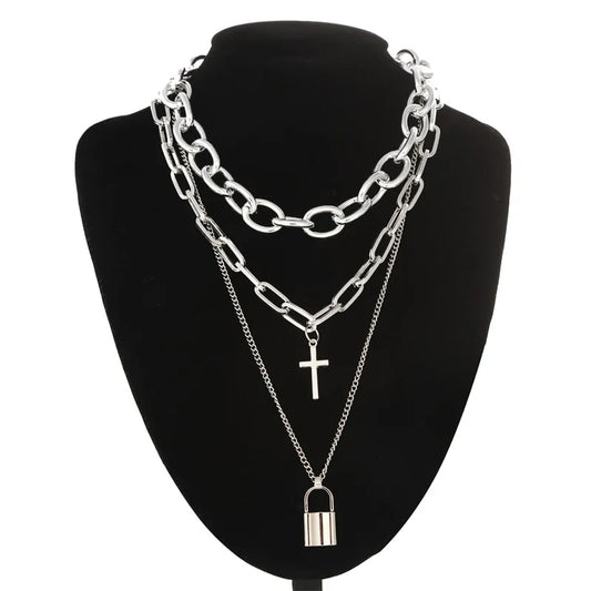 Cross, Lock & Chain Layered Necklace