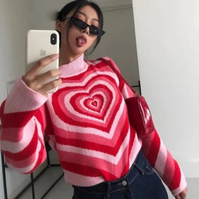 Heart Striped Turtleneck Sweater