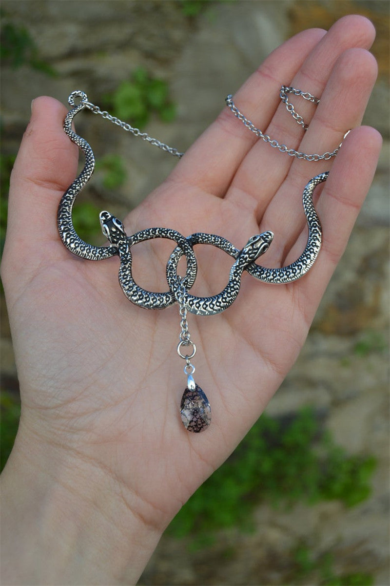 Intertwined Snake Necklace with Drip Crystal - DARK MOON