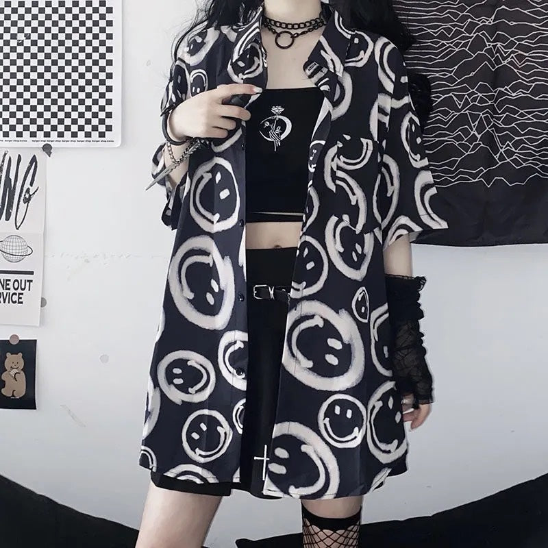 Oversized Smiley Face Button Up Shirt - DARK MOON