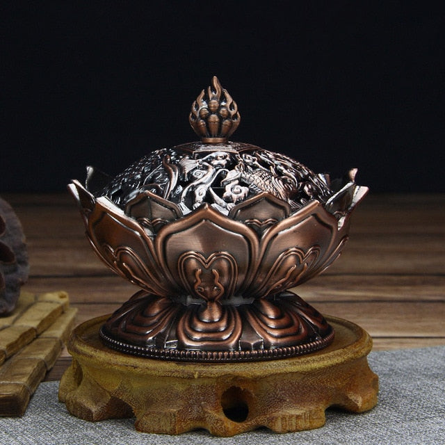 Lotus Flower Chinese Buddha Alloy Metal Incense Burner - DARK MOON