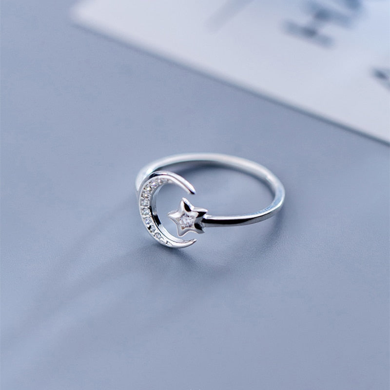 Sterling Silver Moon & Star Ring - DARK MOON