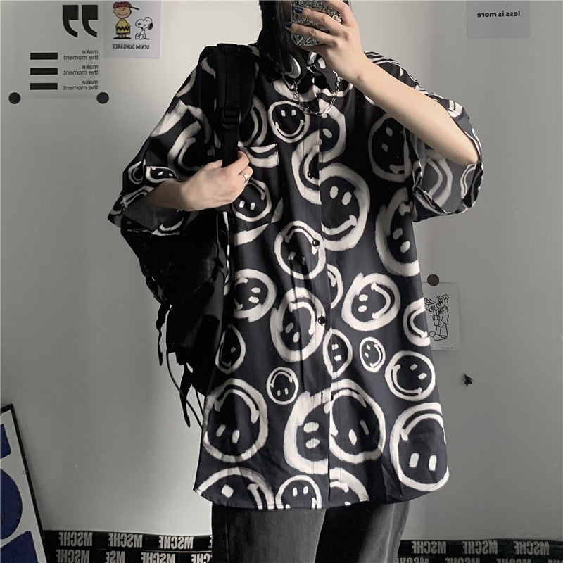 Oversized Smiley Face Button Up Shirt - DARK MOON