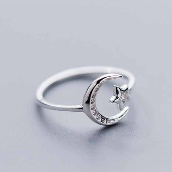 Sterling Silver Moon & Star Ring - DARK MOON