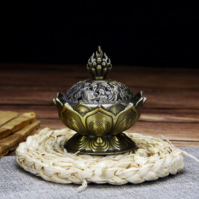 Lotus Flower Chinese Buddha Alloy Metal Incense Burner - DARK MOON