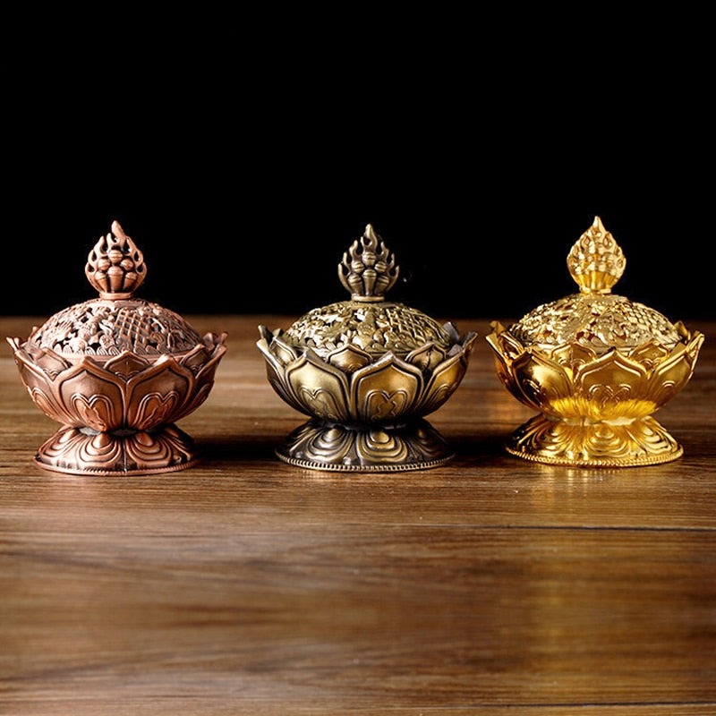 Lotus Flower Chinese Buddha Alloy Metal Incense Burner - DARK MOON