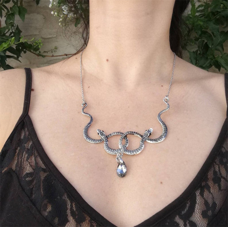 Intertwined Snake Necklace with Drip Crystal - DARK MOON