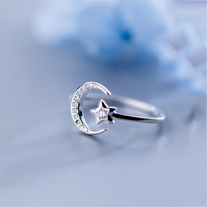 Sterling Silver Moon & Star Ring - DARK MOON