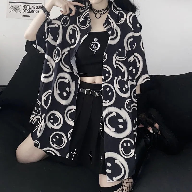 Oversized Smiley Face Button Up Shirt - DARK MOON