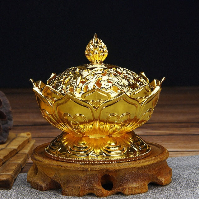 Lotus Flower Chinese Buddha Alloy Metal Incense Burner - DARK MOON