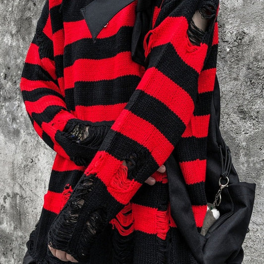 Destroyed Striped Sweater - DARK MOON