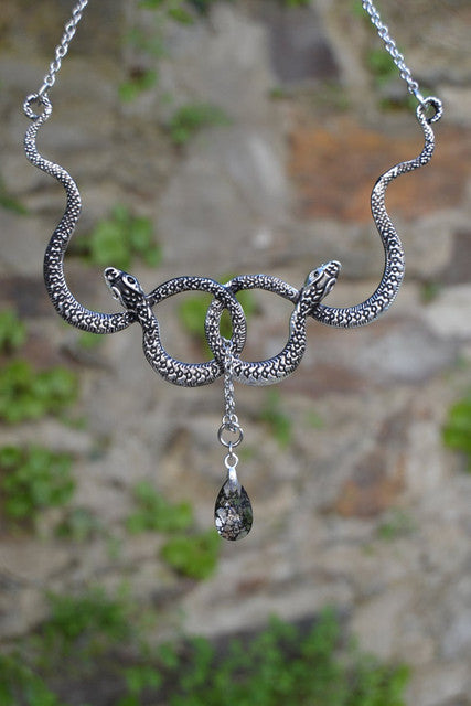 Intertwined Snake Necklace with Drip Crystal - DARK MOON