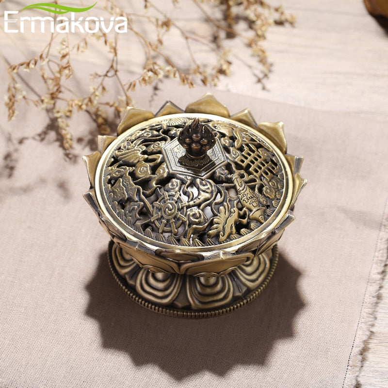 Lotus Flower Chinese Buddha Alloy Metal Incense Burner - DARK MOON