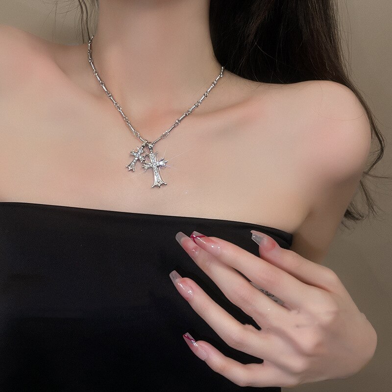 Diamond Double Cross Necklace - DARK MOON