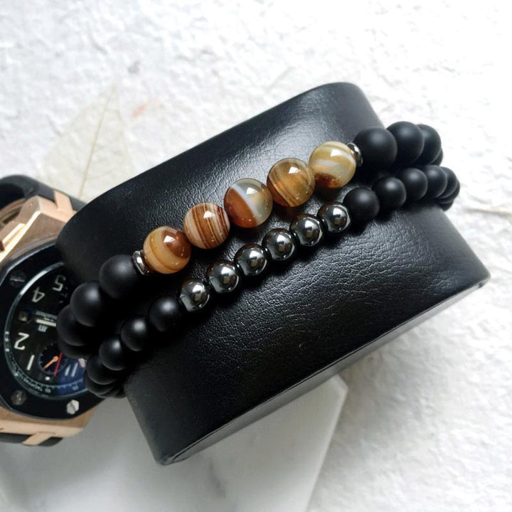 Hematite & Agate Protection Bracelet Set - DARK MOON