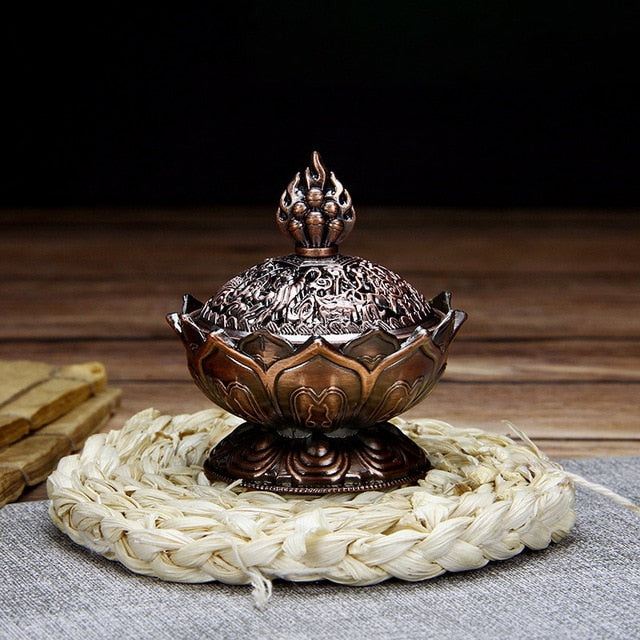 Lotus Flower Chinese Buddha Alloy Metal Incense Burner - DARK MOON