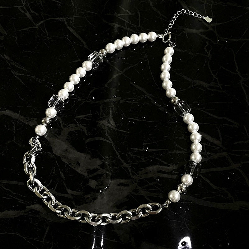 Industrial Pearl & Chain Necklace - DARK MOON