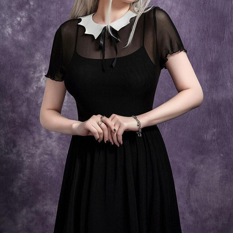 Bat Collar Mesh Dress - DARK MOON