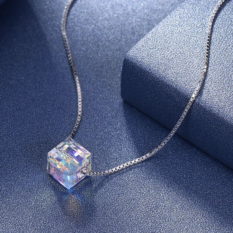 Crystals Aurora Borealis Cube Necklace - DARK MOON