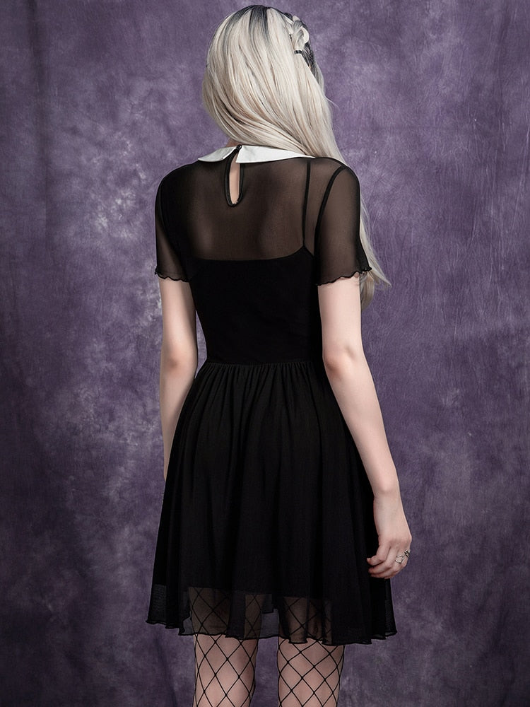 Bat Collar Mesh Dress - DARK MOON