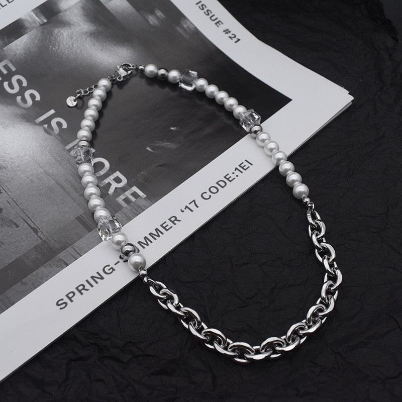 Industrial Pearl & Chain Necklace - DARK MOON