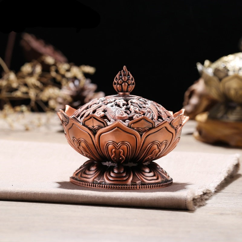 Lotus Flower Chinese Buddha Alloy Metal Incense Burner - DARK MOON