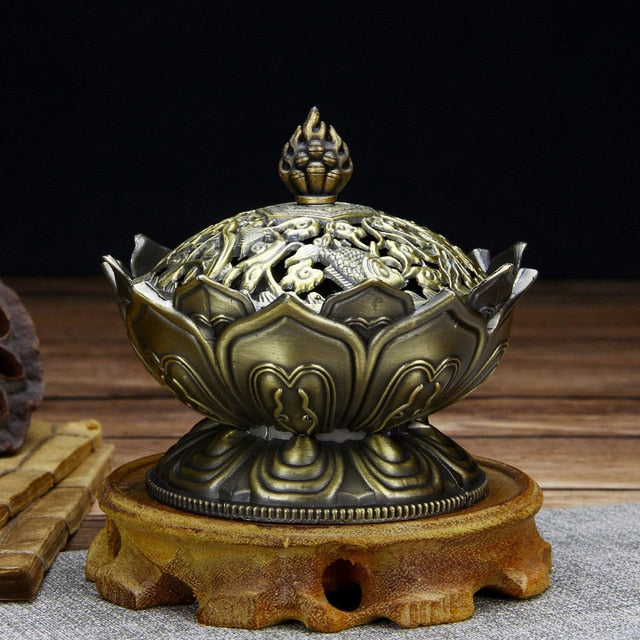 Lotus Flower Chinese Buddha Alloy Metal Incense Burner - DARK MOON